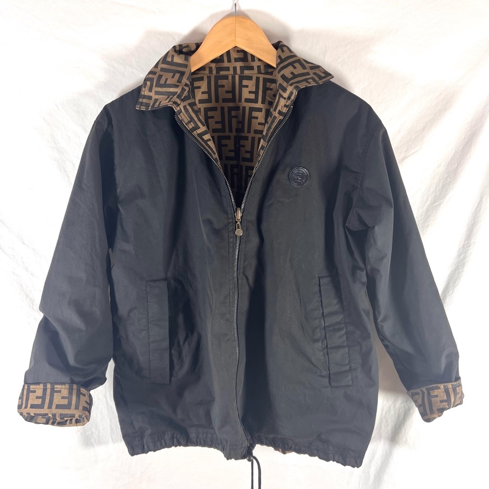 FENDI 20Stainless Steel Reversible Zip-Up Zucca Pattern Drawstring Parker Jacket FAA615A79N Brown 46